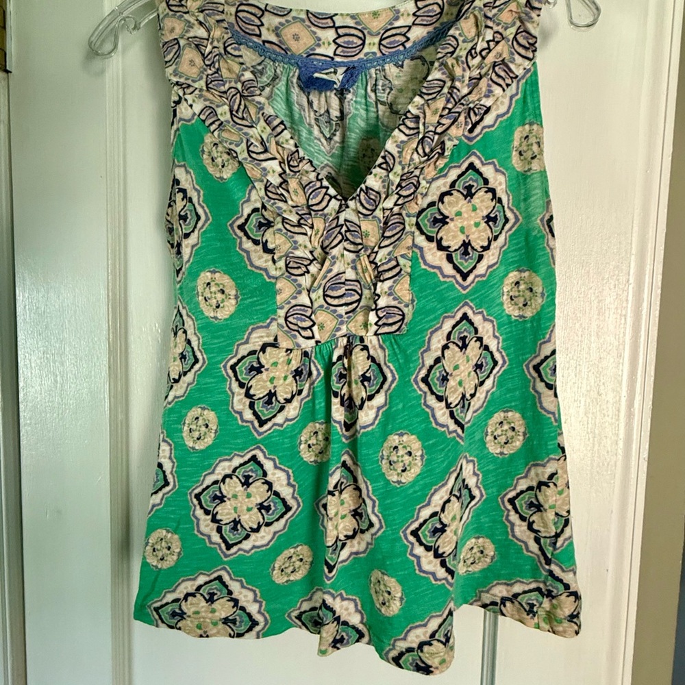 Akemi & Kin blouse from Anthropologie. Green motif with cream/lavender.